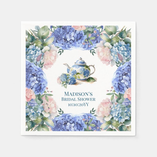 Serviette En Papier Thé de mariage aux hortensias bleus (Devant)