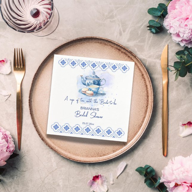 Serviette En Papier Théière en carreaux bleus pour thé party de douche (Something blue bridal shower napkins blue tiles tea pot tea party bridal shower napkins)