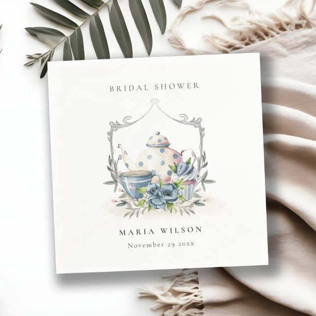 Serviette En Papier Théière florale bleue aqua mignonne crest mariage (Créateur téléchargé)