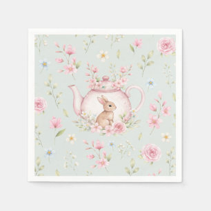 Serviette En Papier Théière Lapin Mignon Fleurs Roses Printemps