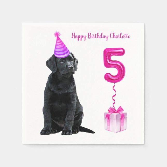 Serviette En Papier Thème de chiot 5e anniversaire - mignon chien rose (Devant)