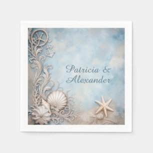 Serviette En Papier Thème Nautique Coquillage Vintage Bleu Beige Blanc