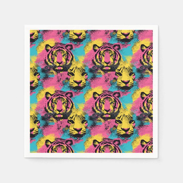 Serviette En Papier Tiger Pop Art Motif en rose, jaune et bleu (Devant)