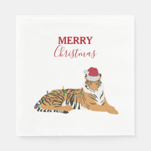 Serviette En Papier Tigre de Noël drôle animal avec chapeau de Père No