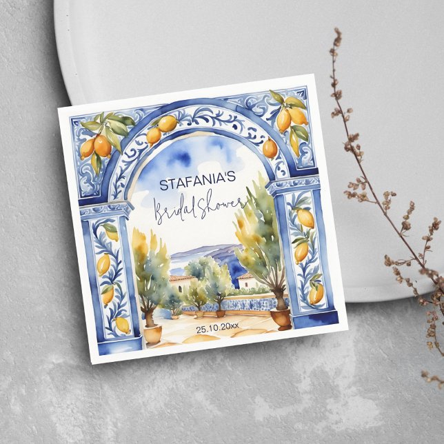 Serviette En Papier Tir à l'arc aux citrons carrelage bleu italien dou (Italian Blue tiles arch lemons bridal shower tableware personalized napkins Napkins watercolor scene)