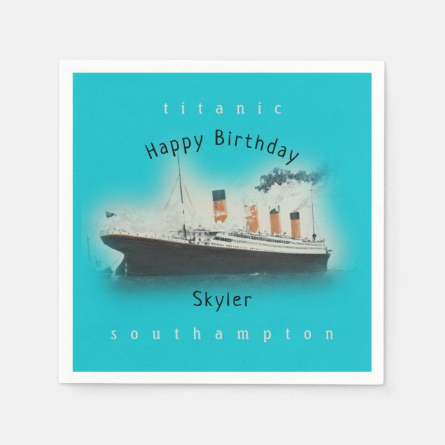 Serviette En Papier Titanic Ship Joyeux Anniversaire Nom Aqua Turquois (Devant)