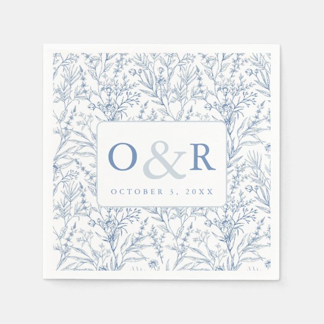 Serviette En Papier Toile Bleu & Blanc Français Floral Monogramme serv (Devant)
