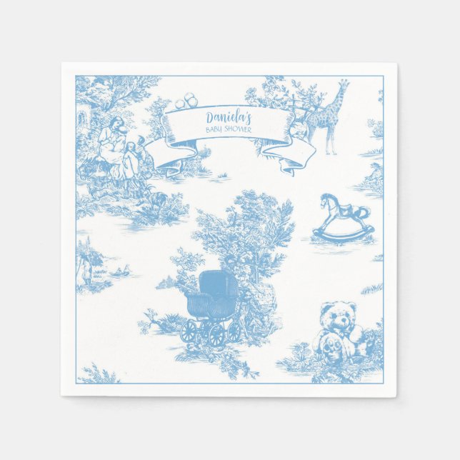 Serviette En Papier Toile bleue et blanche de Jouy Baby shower (Devant)