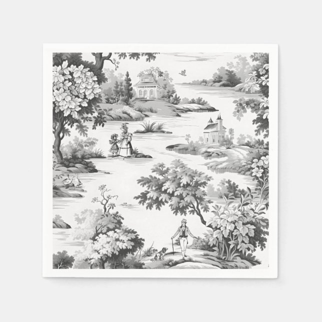 Serviette En Papier Toile de jouy, noir et blanc, porcelaine, (Devant)