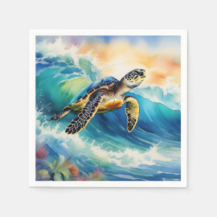 Serviette En Papier Tortue de mer à cheval une vague vibrante aquarell