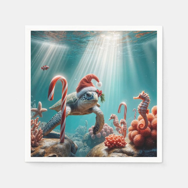 Serviette En Papier Tortue de mer de Noël avec cannes de bonbon (Devant)