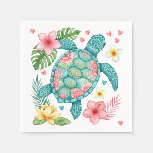 Serviette En Papier Tortue de mer et fleurs tropicales (Devant)