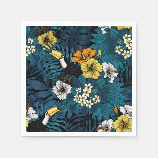 Serviette En Papier Toucans et flore tropicale, bleu, jaune, orange (Devant)