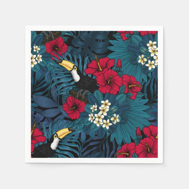Serviette En Papier Toucans et flore tropicale, verte et rouge (Devant)