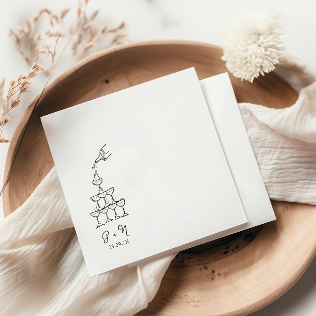 Serviette En Papier Tour de Champagne à main Mariage Napkin (hand drawn champagne tower cocktail napkin, wedding napkin illustration, luncheon napkin )