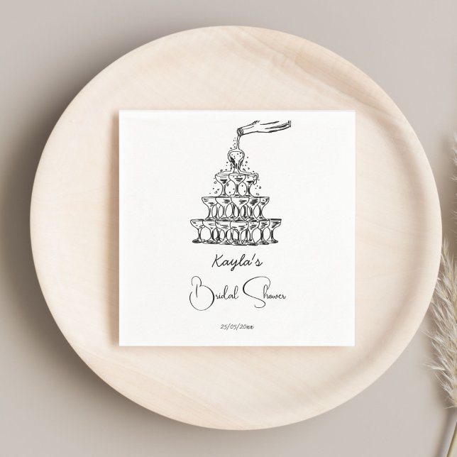 Serviette En Papier Tour de champagne dessinée à la main pour une baby (Hand drawn champagne tower sketch minimalist black and white bridal shower napkins table decor)