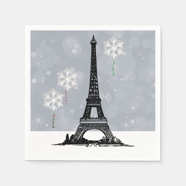 Serviette En Papier Tour Eiffel d'hiver, Balloirs à flocons de neige N (Devant)