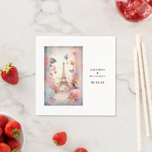 Serviette En Papier Tour Eiffel Papillons et Fleurs Mariage