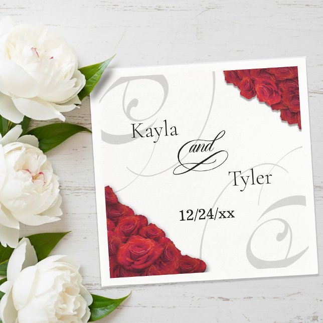 Serviette En Papier Tourbillonnant Red Roses Mariage Napkin (Swirly Red Roses Paper Wedding Napkin)