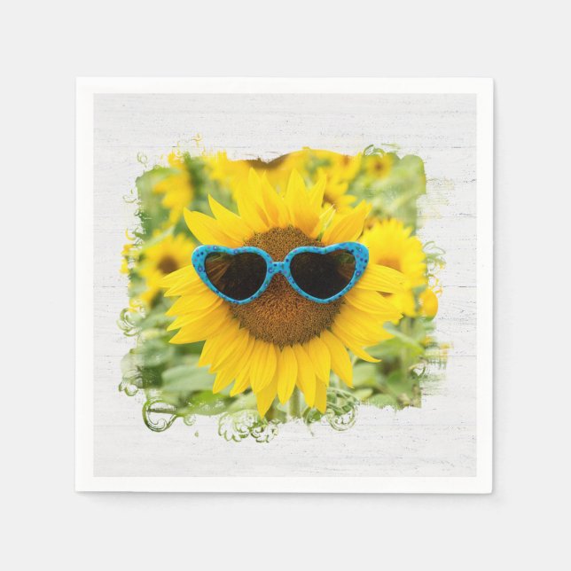 Serviette En Papier Tournesol avec lunettes de soleil sur bois (Devant)