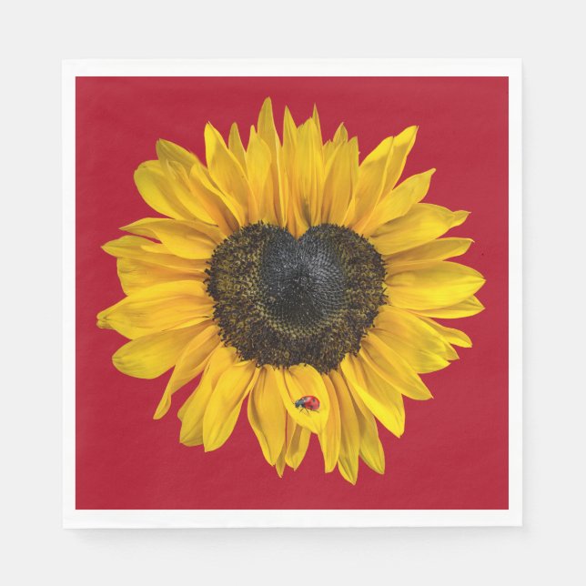 Serviette En Papier Tournesol du coeur avec coccinelle sur rouge (Devant)