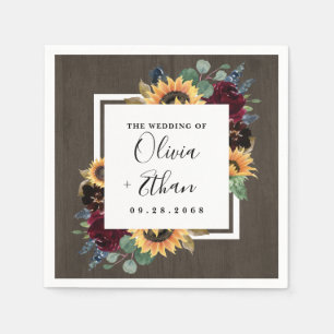 Serviette En Papier Tournesol et Rose Bourgogne Rouge Mariage bleu de 