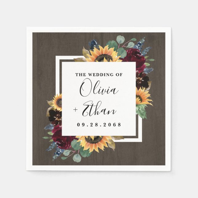 Serviette En Papier Tournesol et Rose Bourgogne Rouge Mariage bleu de  (Devant)