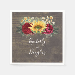 Serviette En Papier Tournesol et Rose rouge Automne Mariage rustique