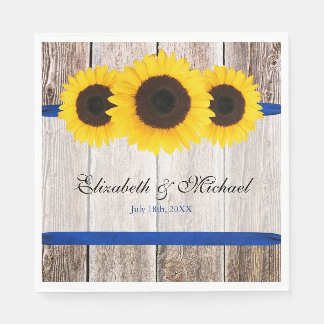 Serviette En Papier Tournesol Grange Mariage de ruban bleu bois (Devant)