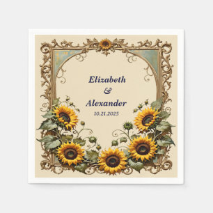 Serviette En Papier Tournesol jaune avec cadre d'art mariage