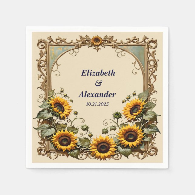 Serviette En Papier Tournesol jaune avec cadre d'art mariage (Devant)