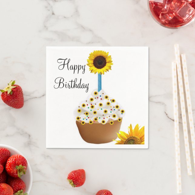 Serviette En Papier Tournesol Joyeux Anniversaire Cupcake Papier Napki (En situation)