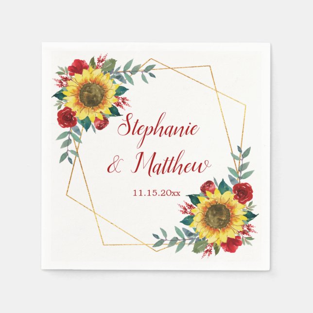 Serviette En Papier Tournesol rouge Floral Mariage géométrique (Devant)