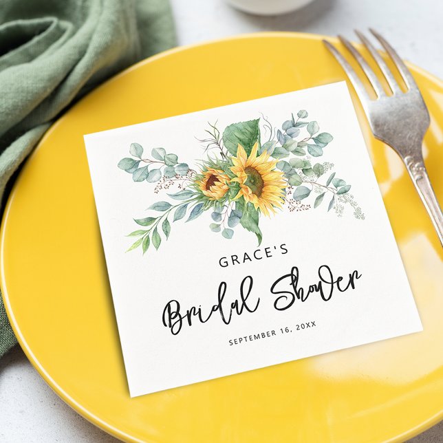 Serviette En Papier Tournesol rustique Eucalyptus Fête des mariées ver (Rustic Sunflower Eucalyptus Greenery Bridal Shower Napkins)