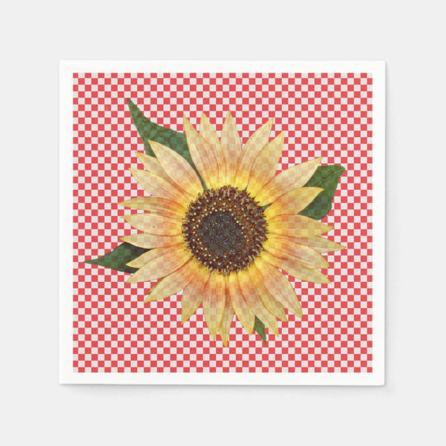 Serviette En Papier tournesol sur en vichy rouge et blanc (Devant)