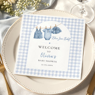 Serviette En Papier Tout en Un Bébé en Jean Bleu sur Fond à Carreaux