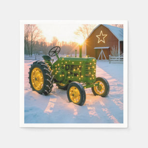 Serviette En Papier Tracteur vert vintage de Noël avec grange rouge