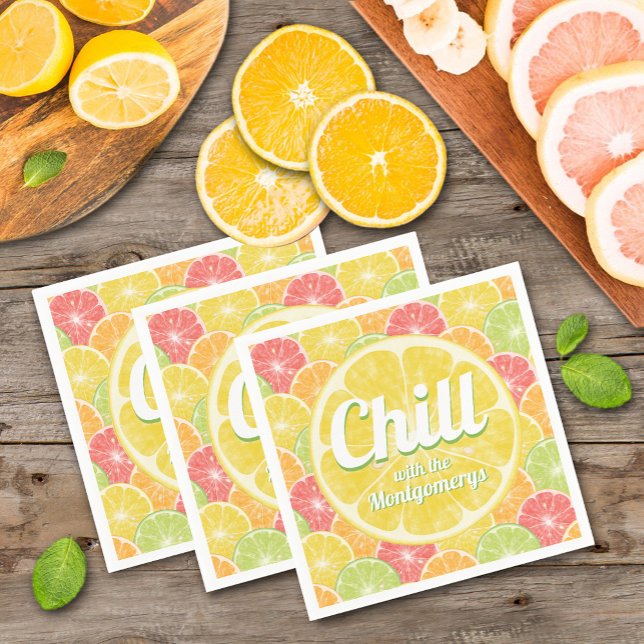 Serviette En Papier Tranches Citrus Citron Été (Personalized Chill lemon on citrus slices summer napkins)