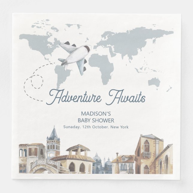 Serviette En Papier Travel Adventure World Map Airplane Baby Shower  (Devant)