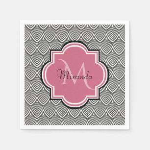 Serviette En Papier Trendy Black Arched Scallops Pink Monogramme Nom