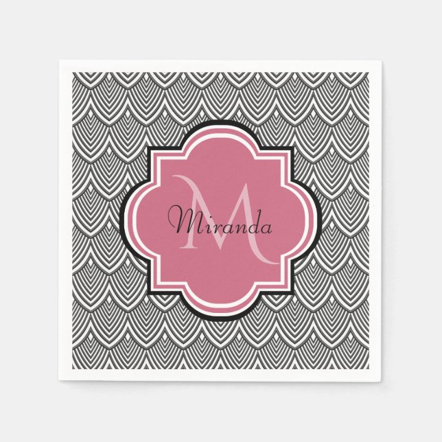 Serviette En Papier Trendy Black Arched Scallops Pink Monogramme Nom (Devant)