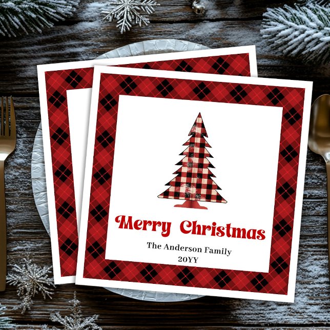 Serviette En Papier Trendy Red Black Plaid Tree Napkin Custom Name (Trendy Red Black Plaid Tree Napkin Custom Name)