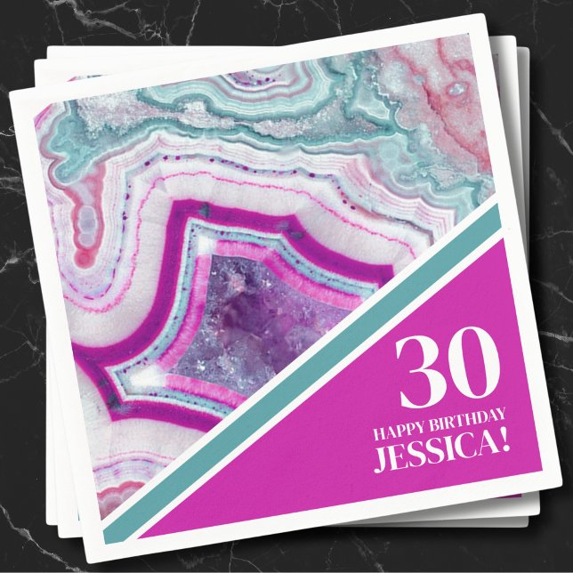 Serviette En Papier Trente-trentaine fête d'anniversaire (Bright Turquoise Pink Agate 30th Birthday Party Napkins)