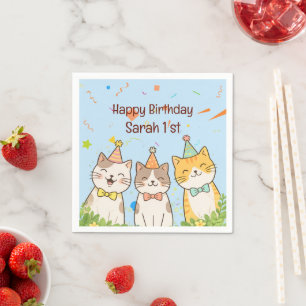 Serviette En Papier Trio Adorable de Chats d'Anniversaire Nom & Âge