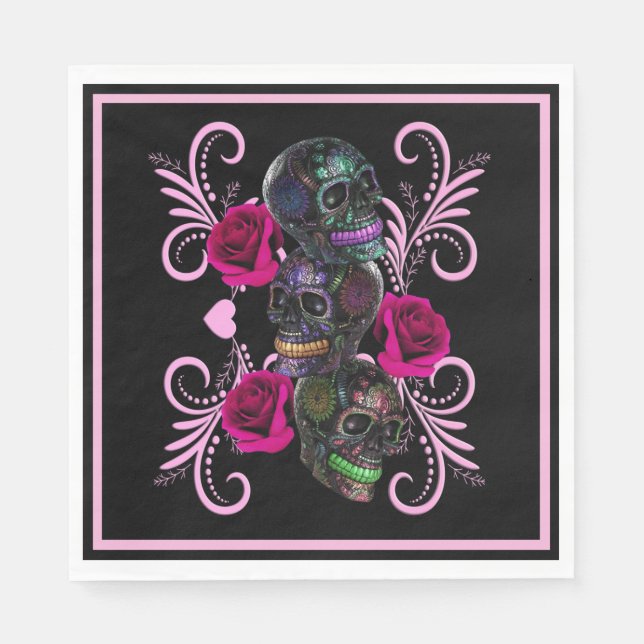 Serviette En Papier Triple Jour Noir Des Crânes Morts Roses Rose (Devant)