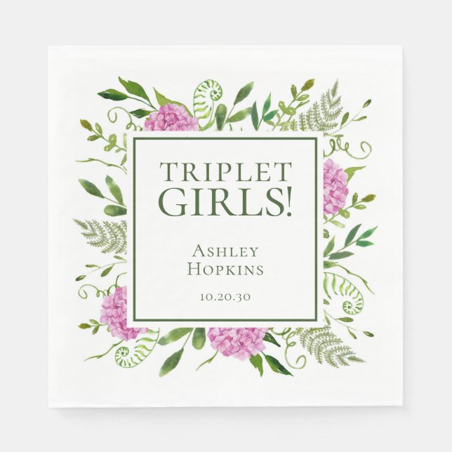 Serviette En Papier Triplet Girls Pink Hydrangeas Baby shower fille (Devant)