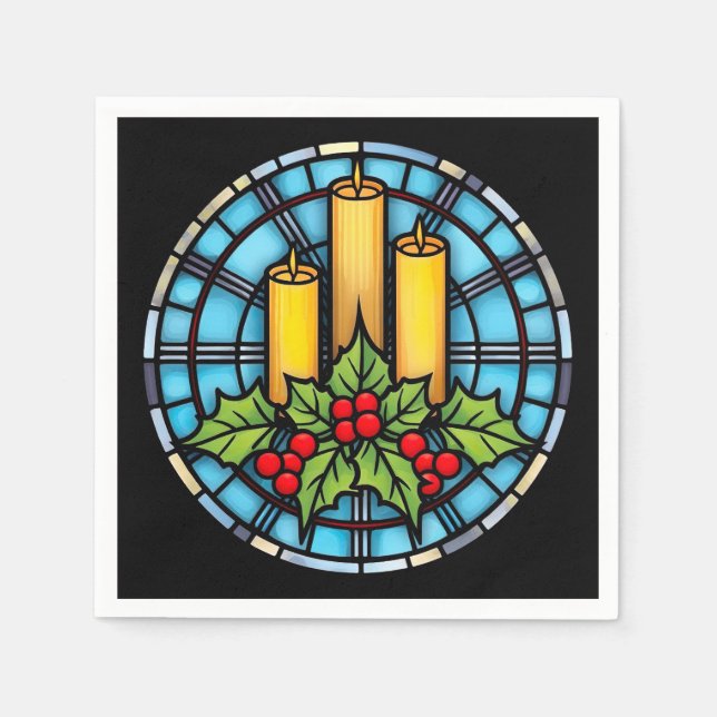 Serviette En Papier Trois Bougies Avec Verre De Noël Holly (Devant)