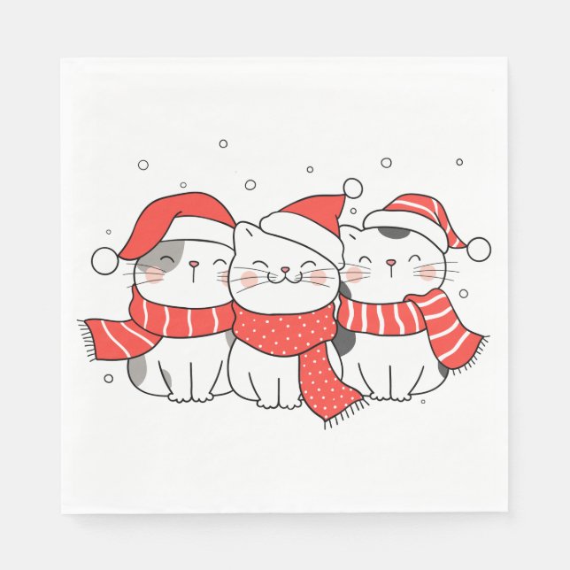 Serviette En Papier Trois chats de Noël en Casquette et Écharpes (Devant)