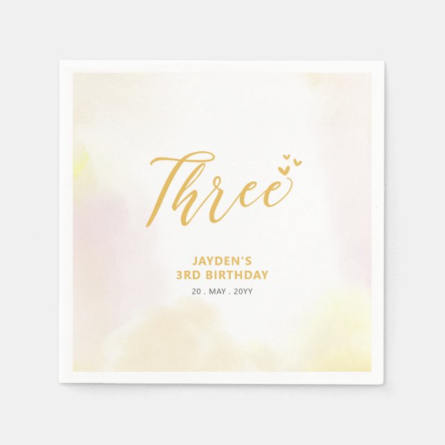 Serviette En Papier Trois | Coeurs jaunes et aquarelle 3e anniversaire (Devant)
