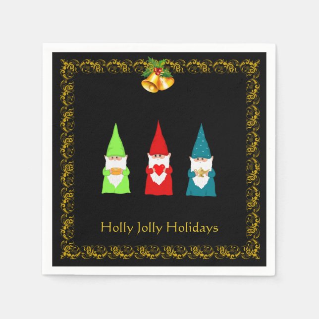 Serviette En Papier Trois lutins de Noël sur fond noir (Devant)